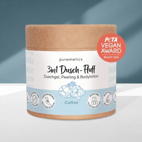 Dusch-Fluff, Cotton Duft, Zuckerpeeling, Kokosöl, vegan, plastikfrei, Naturkosmetik, Handgemacht, Körperpflege, Frische, sanfte Reinigung, Zero Waste