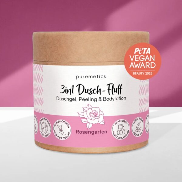 Dusch-Fluff, Rosenduft, Rosengarten, Zuckerpeeling, Kokosöl, vegan, plastikfrei, Naturkosmetik, romantisch, Körperpflege, Handgemacht, Zero Waste