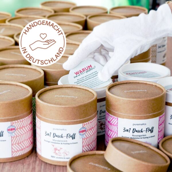 Dusch-Fluff, Rosenduft, Rosengarten, Zuckerpeeling, Kokosöl, vegan, plastikfrei, Naturkosmetik, romantisch, Körperpflege, Handgemacht, Zero Waste