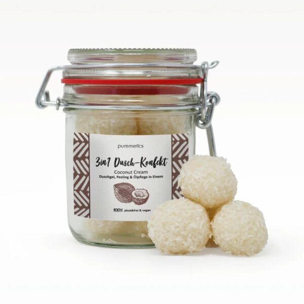 Duschkonfekt, Duschpflege, Kokosduft, Körperpeeling, vegane Kosmetik, plastikfreie Kosmetik, Naturkosmetik Dusche, Duschpeeling, Duschritual, Sheabutter, Mandelöl, Coconut Cream, handgemachte Kosmetik, nachhaltige Pflege, Pflegekonfekt, Zero Waste, Made in Germany