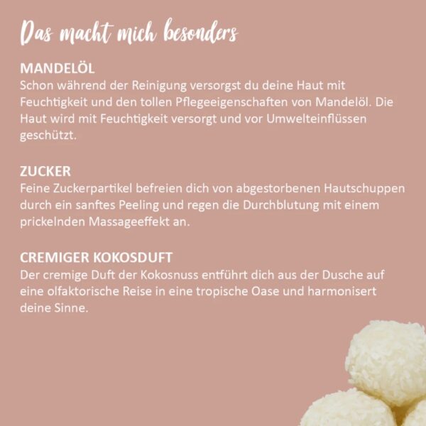 Duschkonfekt, Duschpflege, Kokosduft, Körperpeeling, vegane Kosmetik, plastikfreie Kosmetik, Naturkosmetik Dusche, Duschpeeling, Duschritual, Sheabutter, Mandelöl, Coconut Cream, handgemachte Kosmetik, nachhaltige Pflege, Pflegekonfekt, Zero Waste, Made in Germany