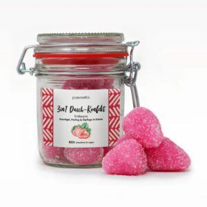 Dusch-Konfekt, Körperpflege, Peeling, vegan, plastikfrei, Zuckerpeeling, Erdbeerduft, Naturkosmetik, Handgemacht, Sheabutter, Mandelöl, Zero Waste, PETA Approved