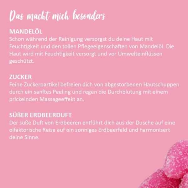 Dusch-Konfekt, Körperpflege, Peeling, vegan, plastikfrei, Zuckerpeeling, Erdbeerduft, Naturkosmetik, Handgemacht, Sheabutter, Mandelöl, Zero Waste, PETA Approved