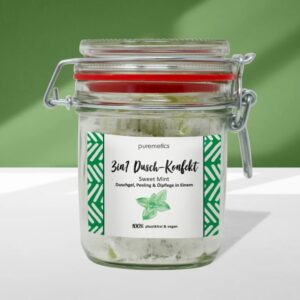 Duschkonfekt, Duschpflege, plastikfrei duschen, Peeling ohne Mikroplastik, vegane Körperpflege, Handarbeit, Geschenkidee Wellness, Mint Duschgel