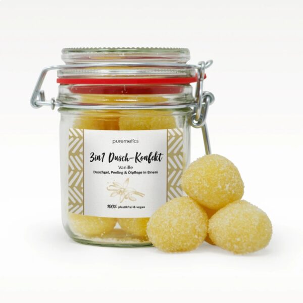 Dusch-Konfekt, 3in1 Pflege, Vanille Peeling, plastikfrei duschen, Naturkosmetik, vegane Dusche, Peeling Konfekt, handmade Germany