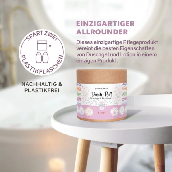 Dusch-Fluff, Kinder, sanfte Reinigung, ohne Peeling, Kokosöl, vegan, plastikfrei, Naturkosmetik, Handgemacht, milde Pflege, Kinderdusche, sensibel