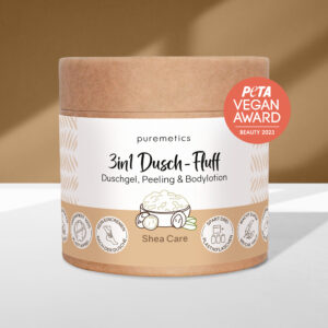 Dusch-Fluff, Mandelmilch, Zuckerpeeling, Kokosöl, Sheabutter, Macadamianussbutter, plastikfrei, vegan, Naturkosmetik, Körperpflege, Handgemacht, Zero Waste, sanfte Reinigung, Wellnessmoment