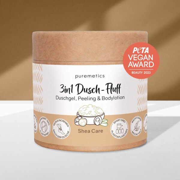 Dusch-Fluff, Mandelmilch, Zuckerpeeling, Kokosöl, Sheabutter, Macadamianussbutter, plastikfrei, vegan, Naturkosmetik, Körperpflege, Handgemacht, Zero Waste, sanfte Reinigung, Wellnessmoment