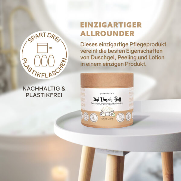 Dusch-Fluff, Mandelmilch, Zuckerpeeling, Kokosöl, Sheabutter, Macadamianussbutter, plastikfrei, vegan, Naturkosmetik, Körperpflege, Handgemacht, Zero Waste, sanfte Reinigung, Wellnessmoment