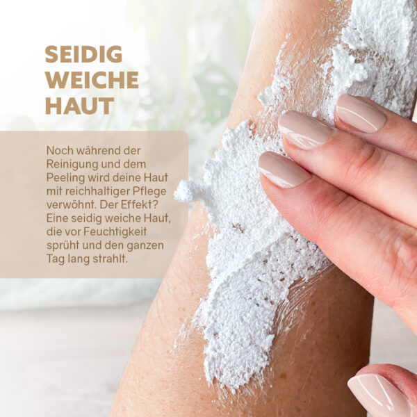 Dusch-Fluff, Mandelmilch, Zuckerpeeling, Kokosöl, Sheabutter, Macadamianussbutter, plastikfrei, vegan, Naturkosmetik, Körperpflege, Handgemacht, Zero Waste, sanfte Reinigung, Wellnessmoment